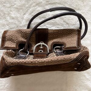 Coach Brown Signature Canvas Shoulder Bag with Suede Trim